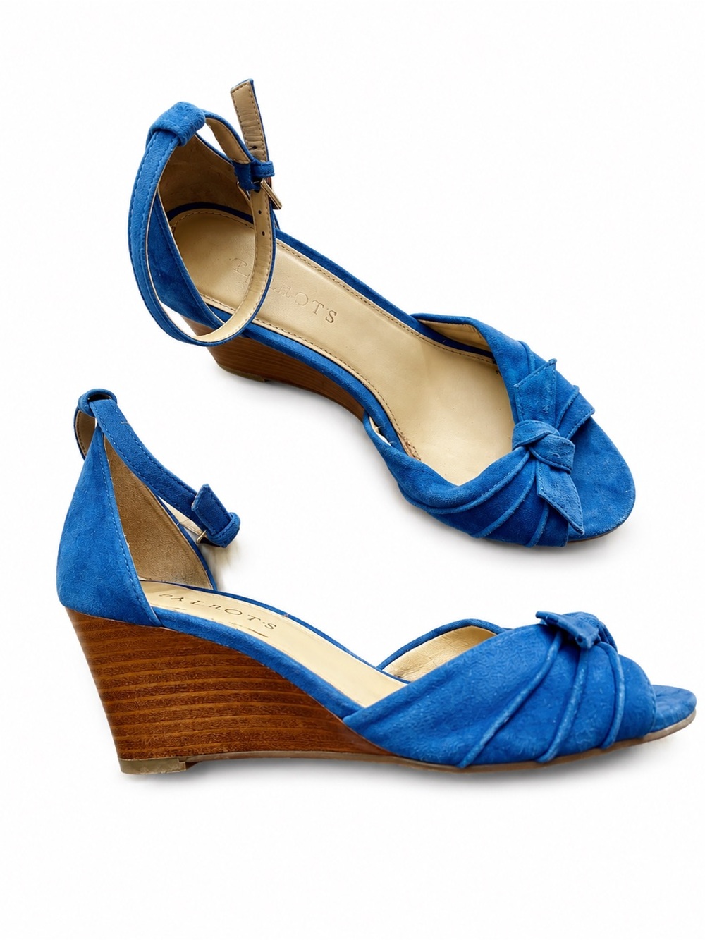 Talbots Cobalt Blue Suede Bow Wedge Sandals Ankle Strap Peep Toe Size 6M